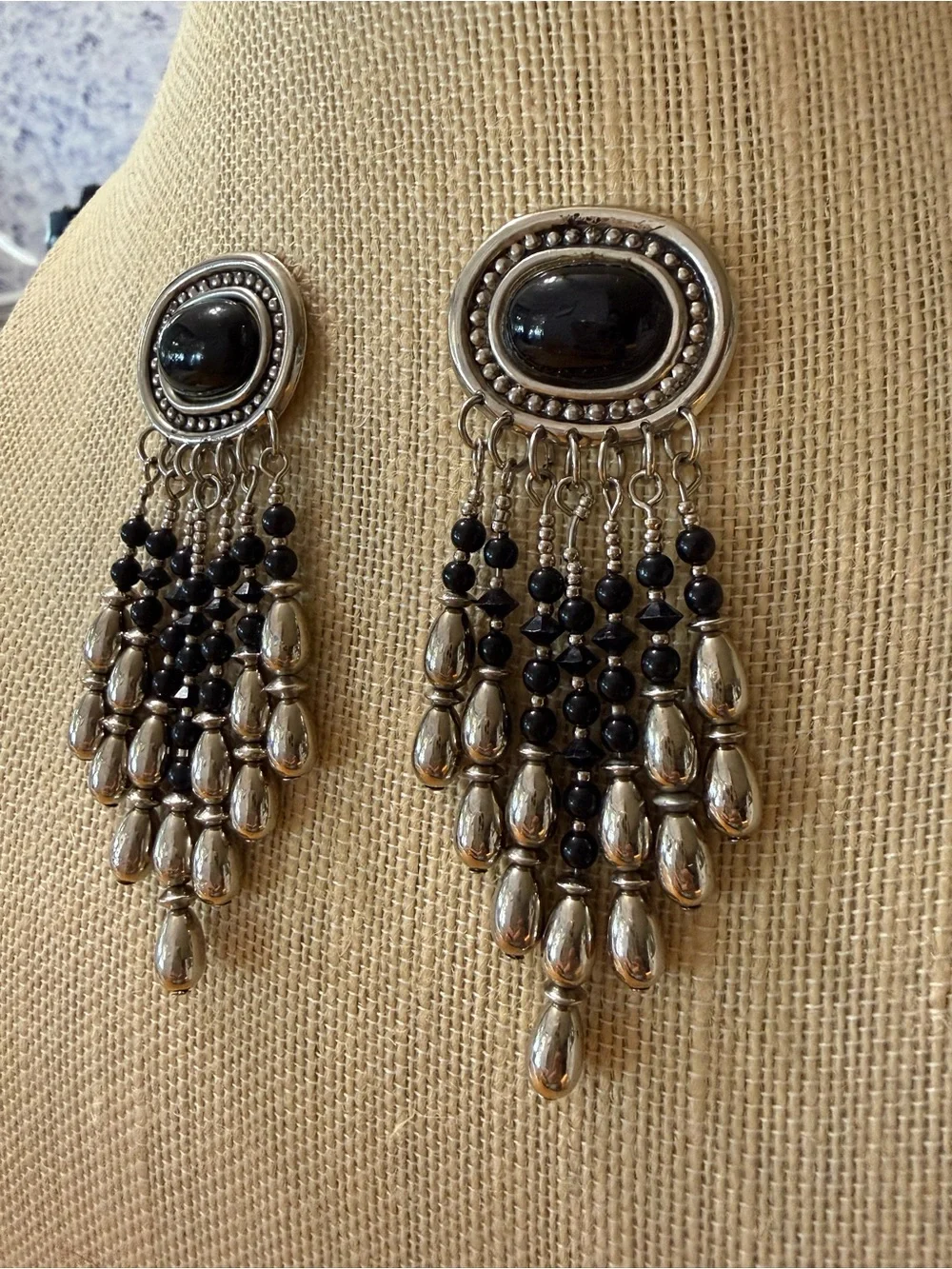 Silver and Black Beaded Fringe Statement Earrings